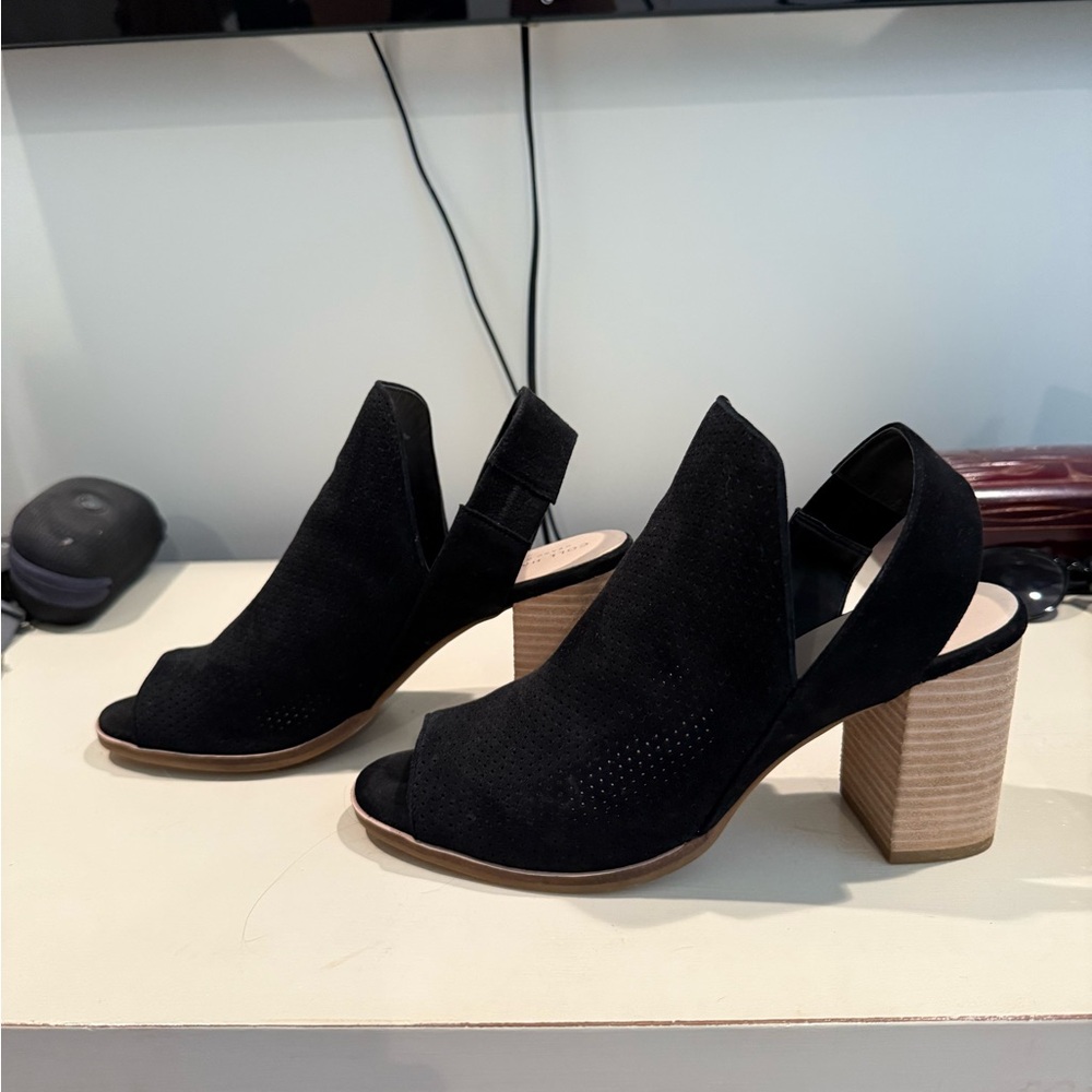 Black Suede Peep-Toe Block Heels